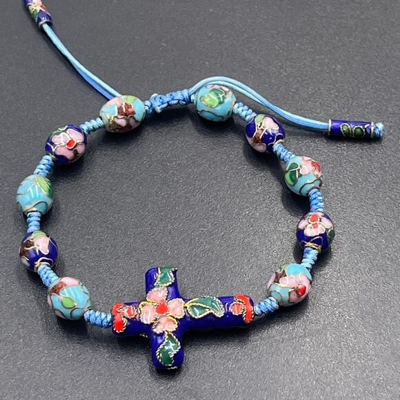 Handmade Cloisonne Blue Flower Beaded Bolo Adjustable Cross Bracelet - Picture 1 of 6